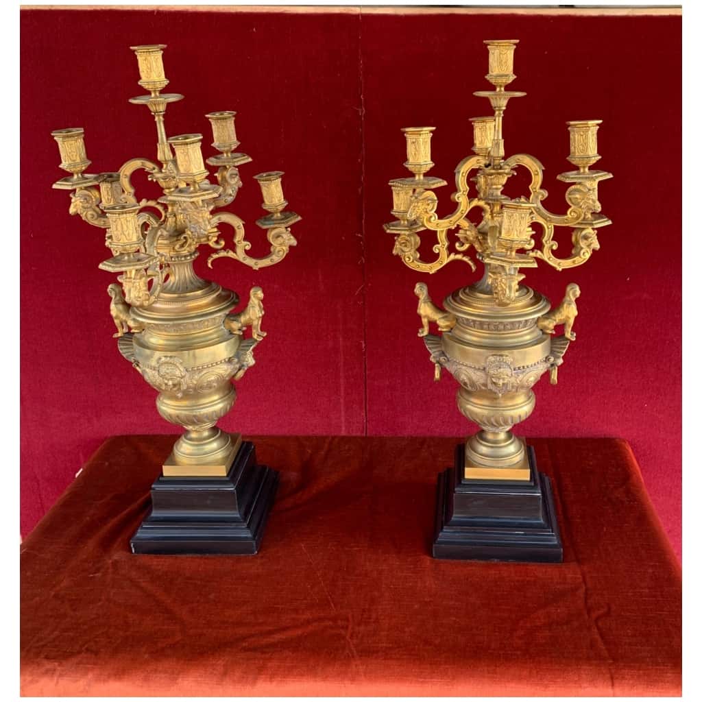 Paire de grands Candélabres en bronze doré XIXe siècle 3