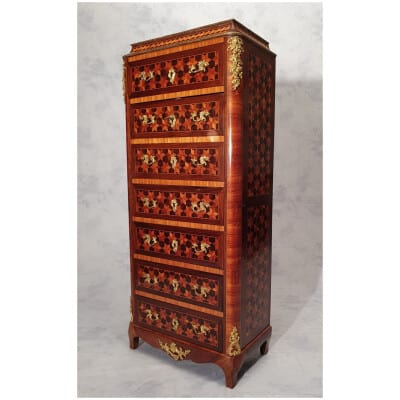 Right Secretary Napoleon III Period - Cubic Marquetry - Rosewood & Rosewood - 19th