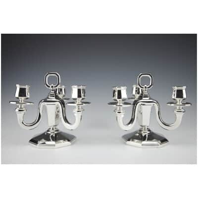 Orfèvre GUSTAVE KELLER – Paire de candélabres en argent massif époque ART DECO 1930