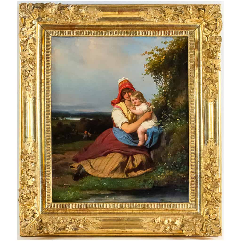 Julien Michel Gué, huile sur toile, Femme à l’Enfant époque Romantique vers 1830 3