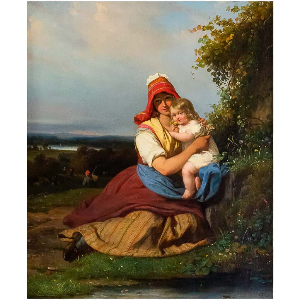 Julien Michel Gué, huile sur toile, Femme à l’Enfant époque Romantique vers 1830 4
