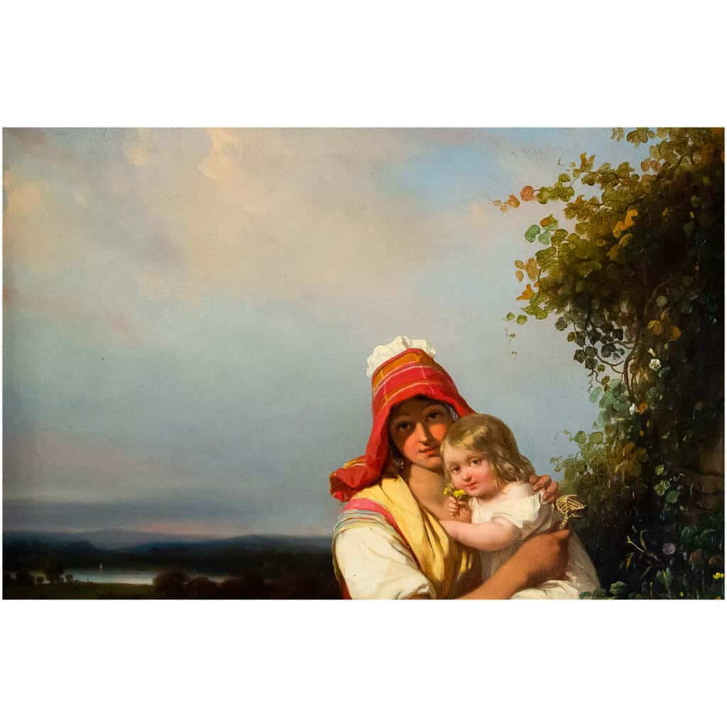 Julien Michel Gué, huile sur toile, Femme à l’Enfant époque Romantique vers 1830 5