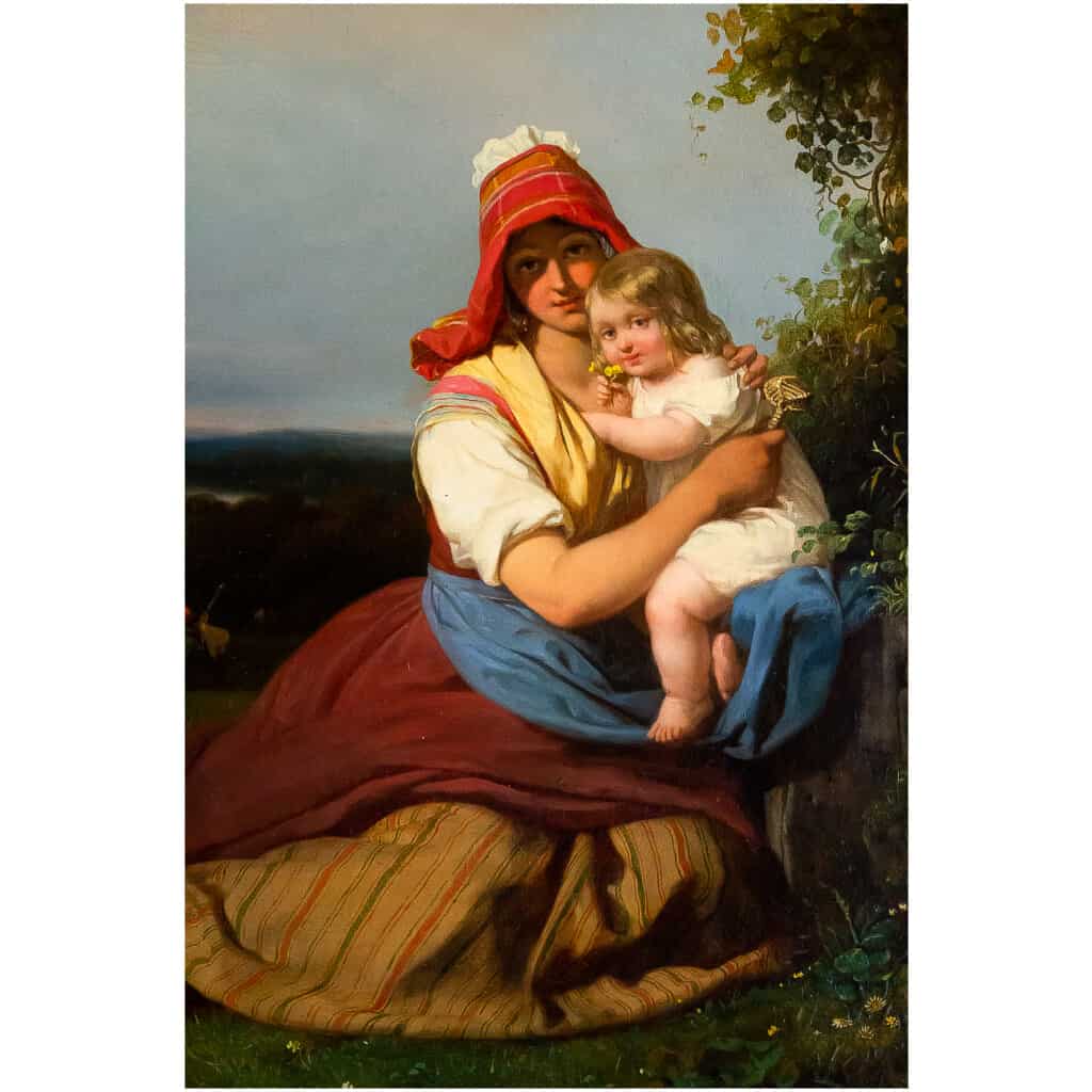 Julien Michel Gué, huile sur toile, Femme à l’Enfant époque Romantique vers 1830 6