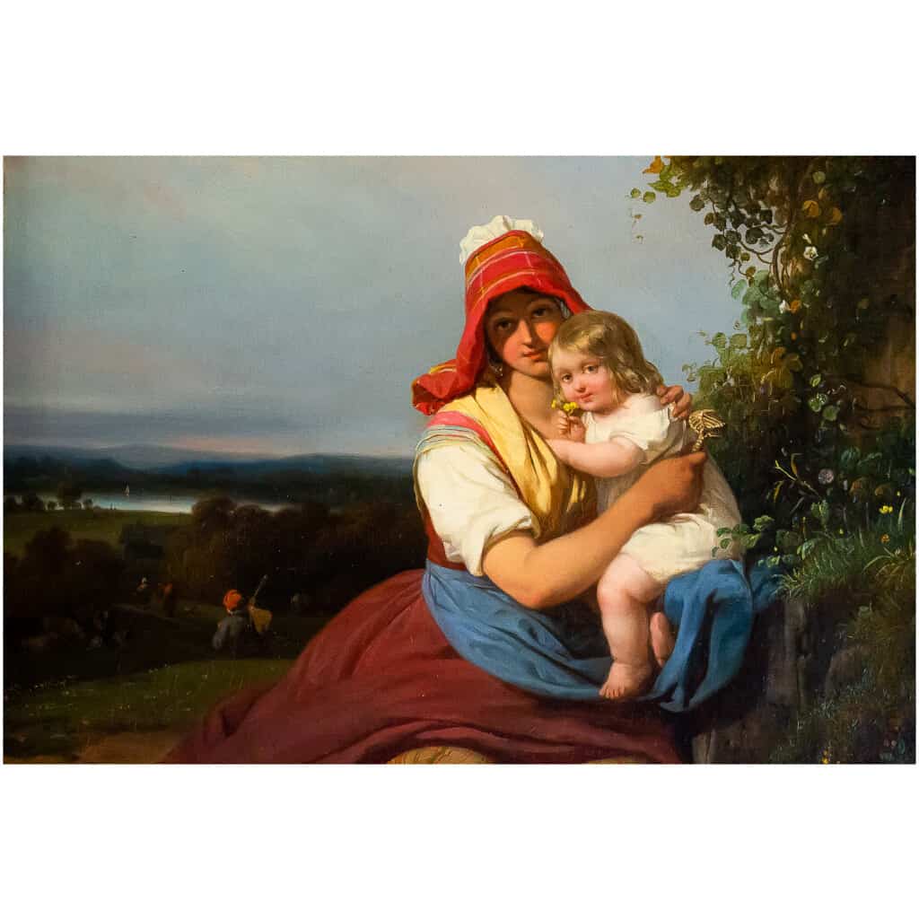 Julien Michel Gué, huile sur toile, Femme à l’Enfant époque Romantique vers 1830 7