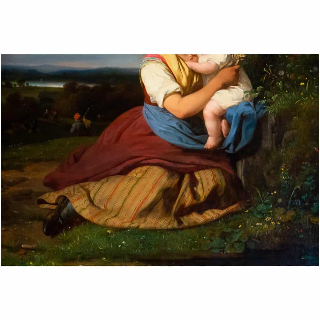 Julien Michel Gué, huile sur toile, Femme à l’Enfant époque Romantique vers 1830 8