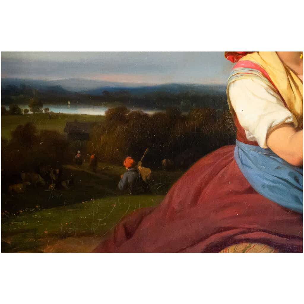 Julien Michel Gué, huile sur toile, Femme à l’Enfant époque Romantique vers 1830 9