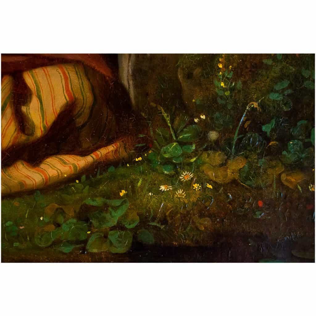 Julien Michel Gué, huile sur toile, Femme à l’Enfant époque Romantique vers 1830 10