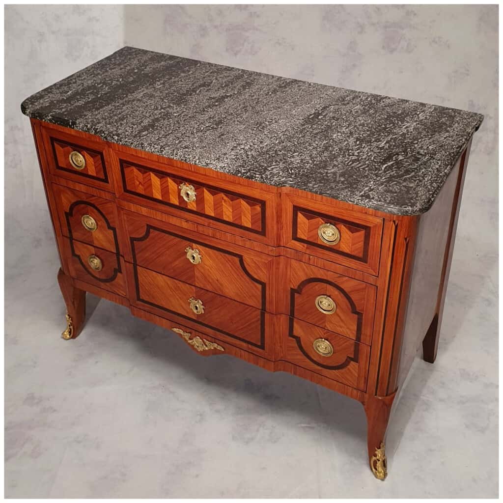 Louis XV Transition Commode, Louis XVI – Geometric Marquetry – Rosewood – 19th 4