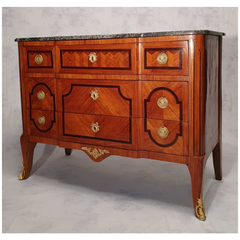 Louis XV Transition Commode, Louis XVI – Geometric Marquetry – Rosewood – 19th 3