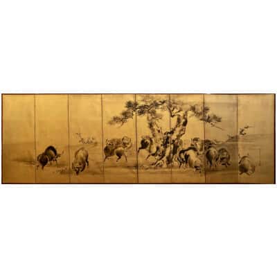 Paravent japonais à 8 panneaux en sumi-e sur feuilles d’or par Kô Sukoku