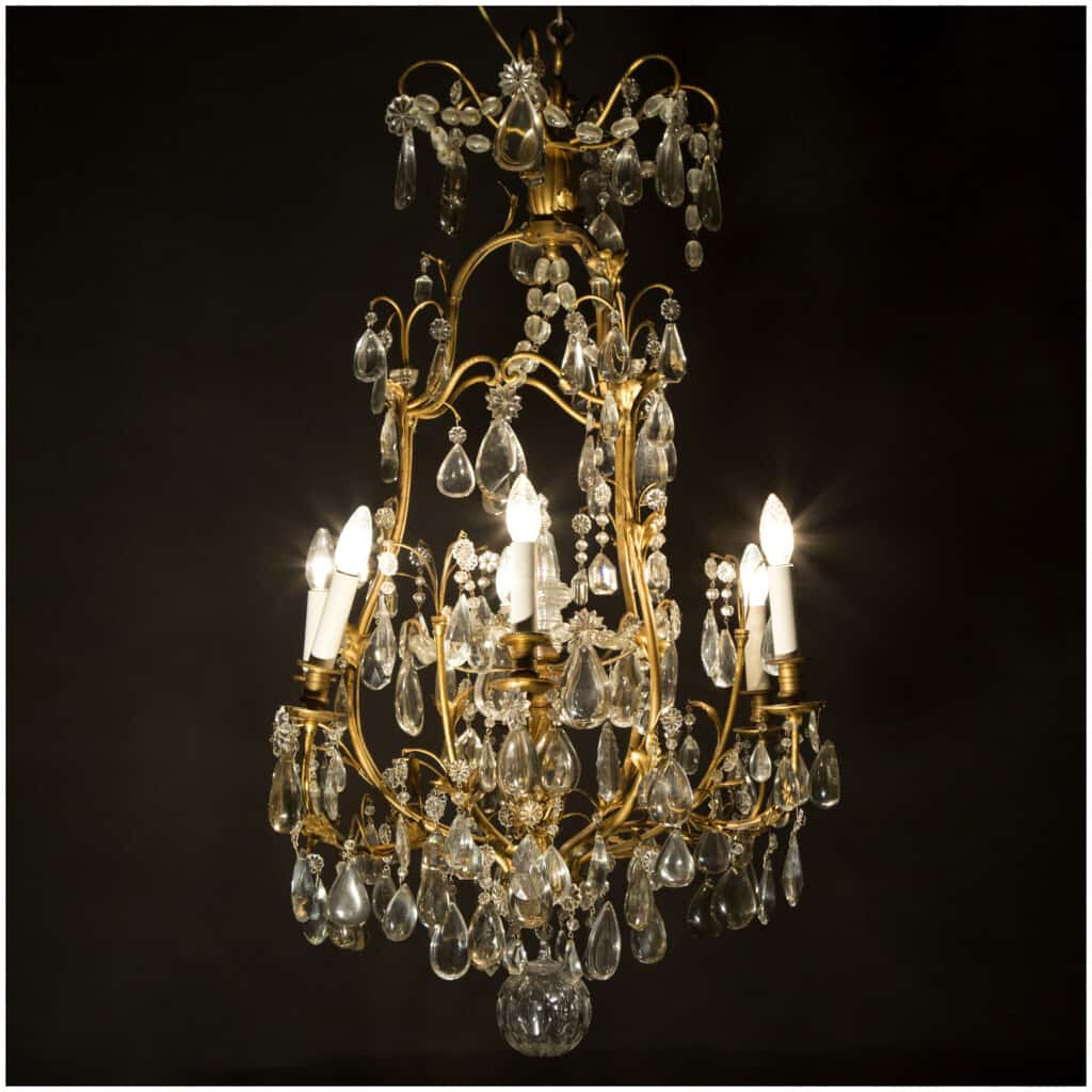 Cage chandelier with leaves in gilded bronze with pendants, XIXe 3