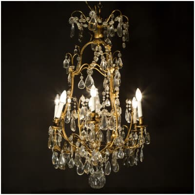 Cage chandelier with leaves in gilded bronze with pendants, XIXe