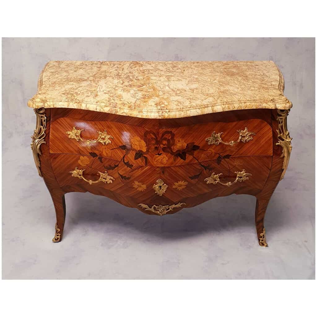 Louis XV Style Convex Commode - Floral Marquetry - Rosewood & Rosewood - 19th 5