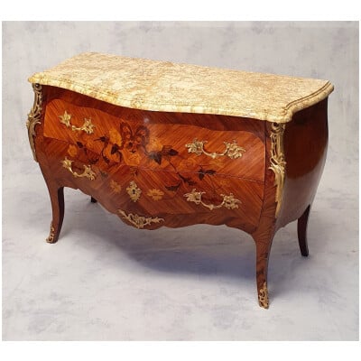 Louis XV Style Convex Commode - Floral Marquetry - Rosewood & Rosewood - 19th