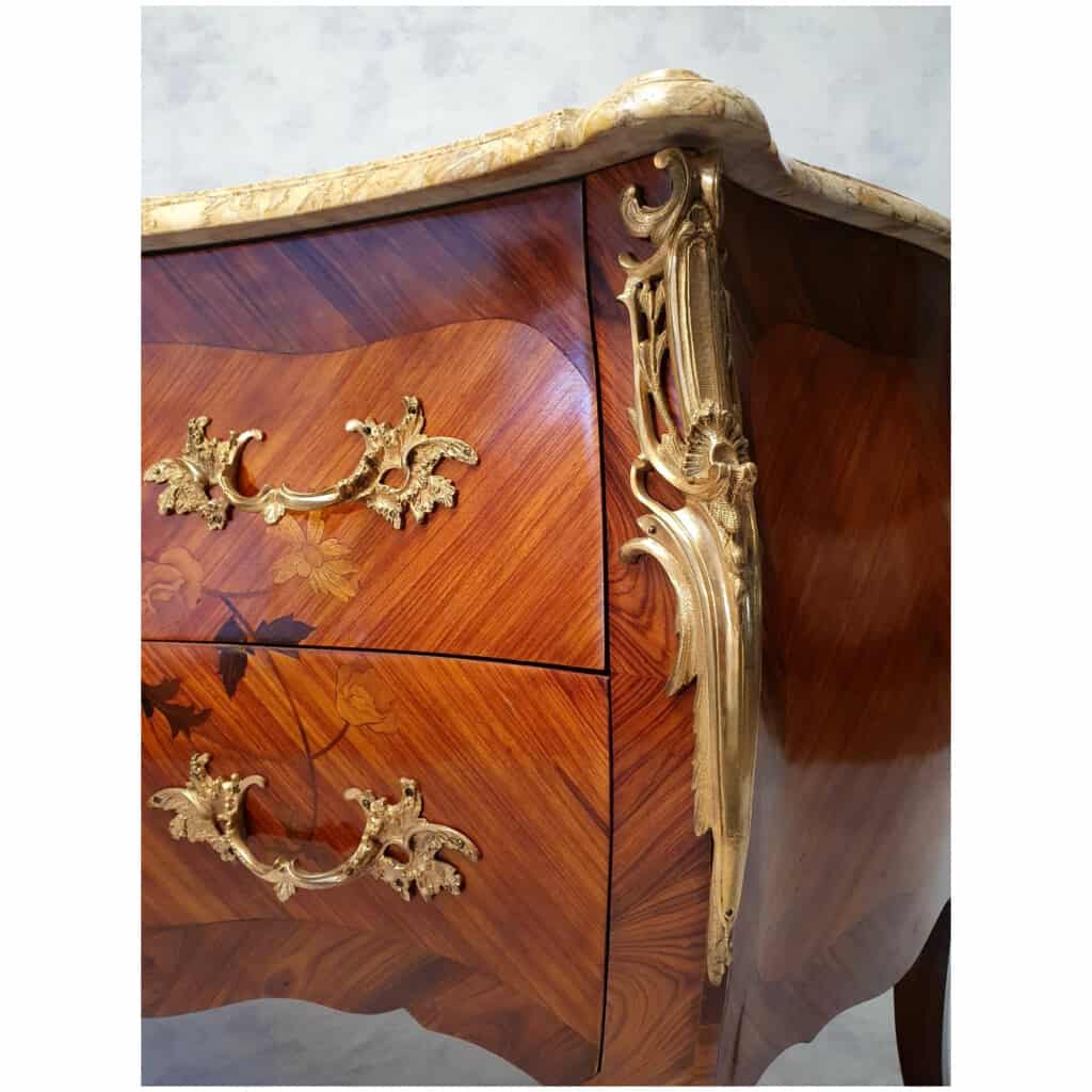 Louis XV Style Convex Commode - Floral Marquetry - Rosewood & Rosewood - 19th 11