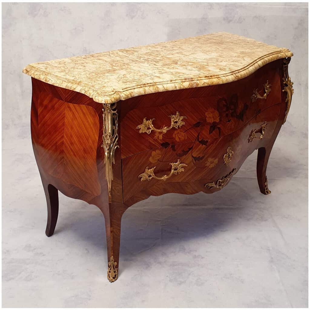 Commode Bombée De Style Louis XV – Marqueterie Florale – Bois De Rose & Palissandre – 19ème 7