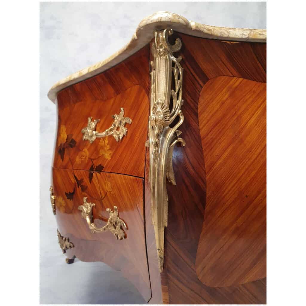 Commode Bombée De Style Louis XV – Marqueterie Florale – Bois De Rose & Palissandre – 19ème 13