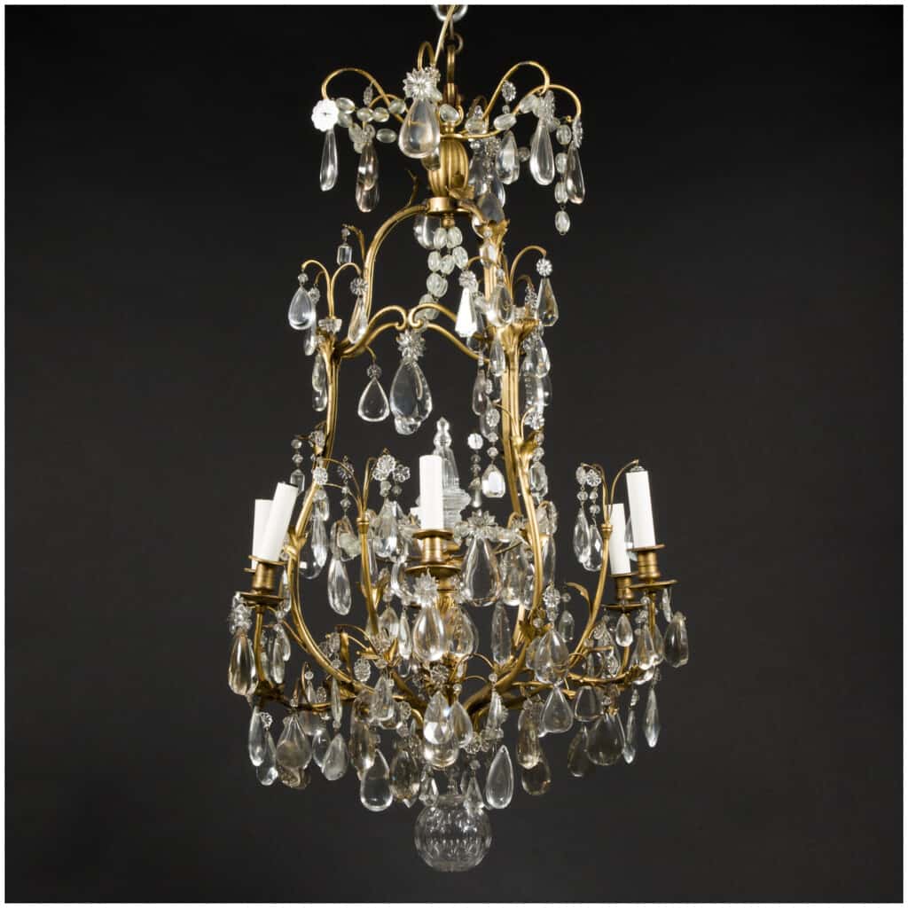 Cage chandelier with leaves in gilded bronze with pendants, XIXe 4