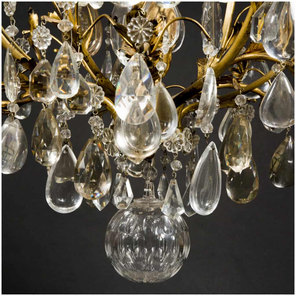 Cage chandelier with leaves in gilded bronze with pendants, XIXe 10