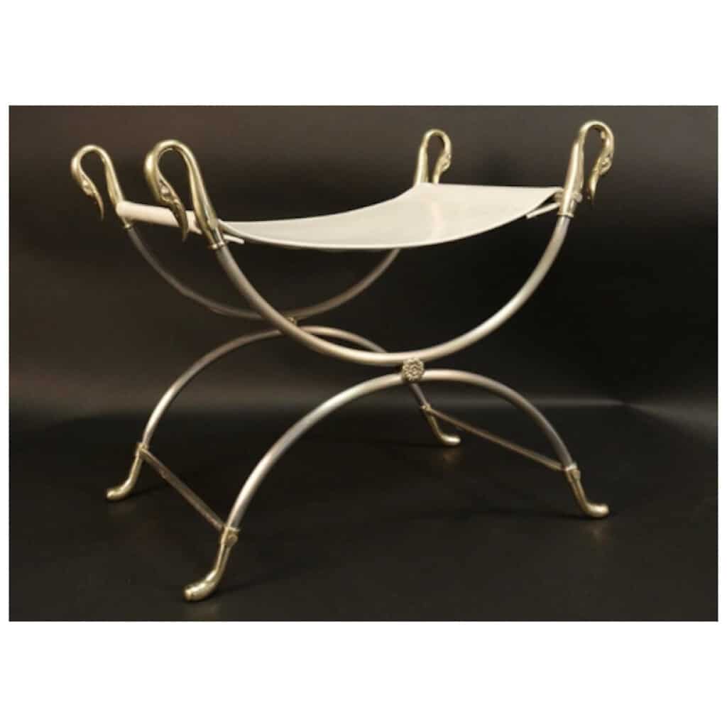 1970 Curule stool in gilded and silvered bronze "Swans" model from Maison Charles. 4