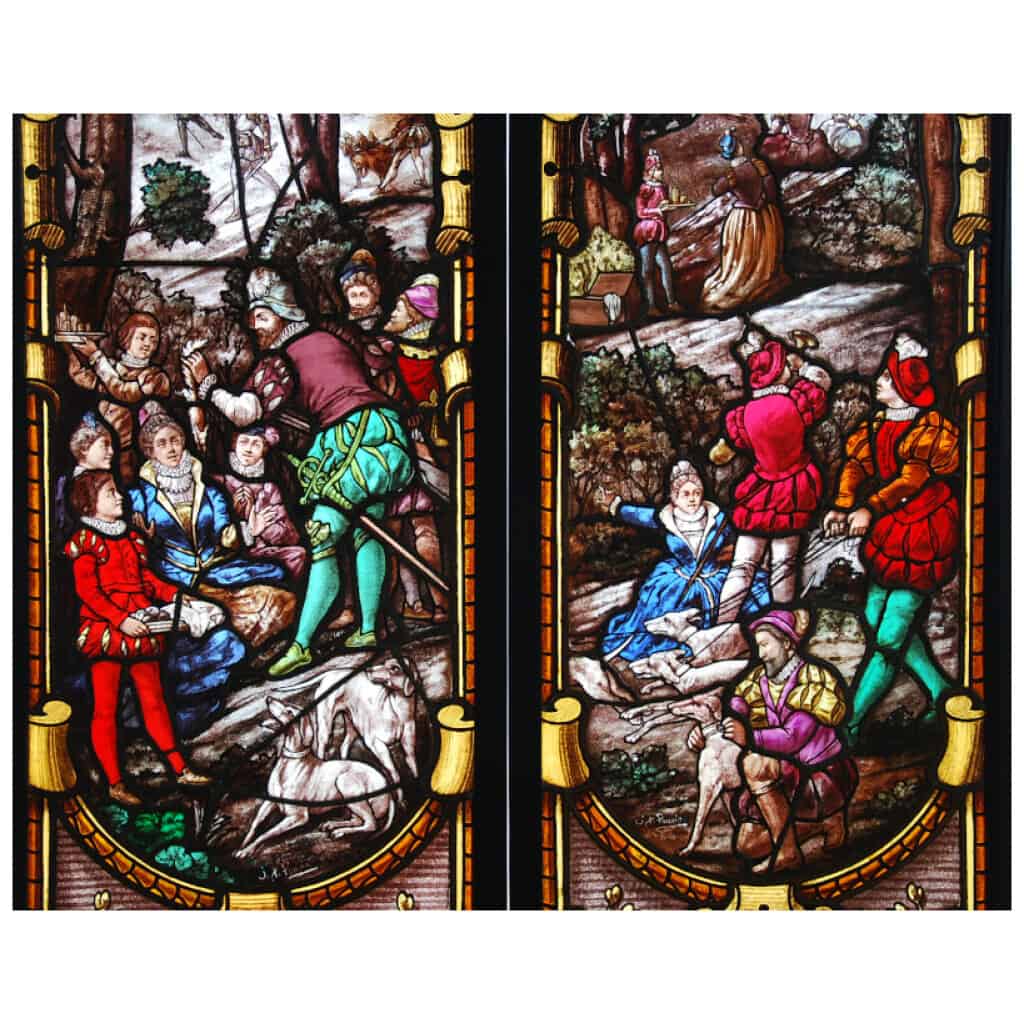 Stained glass hunting scene signed Ponsin 4