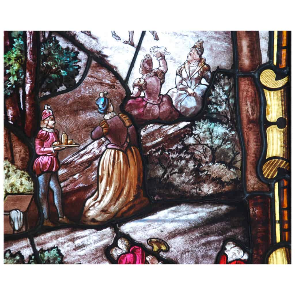 Stained glass hunting scene signed Ponsin 6