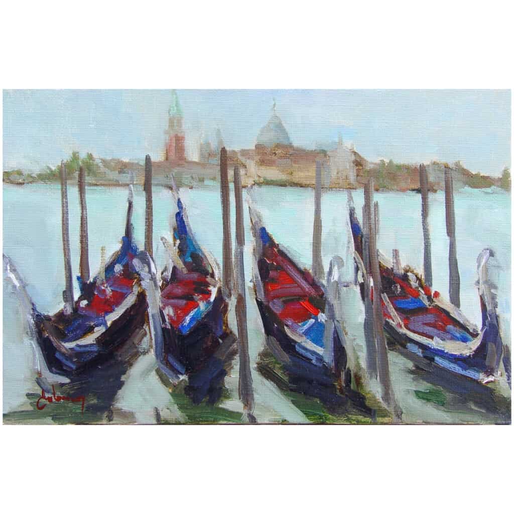 Tableau à l’huile intitulé « Gondoles à Venise » du peintre Isabelle Delannoy 3