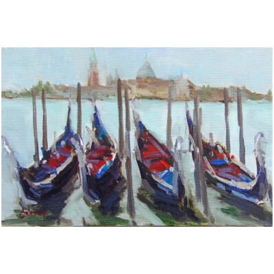 Tableau à l’huile intitulé « Gondoles à Venise » du peintre Isabelle Delannoy