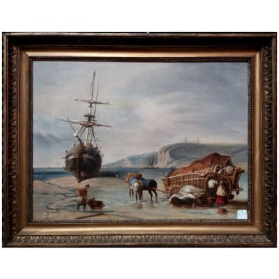 Huile sur toile : MARINE  » déchargement sur la côte picarde « , avec son cadre d’origine. XIXème siècle