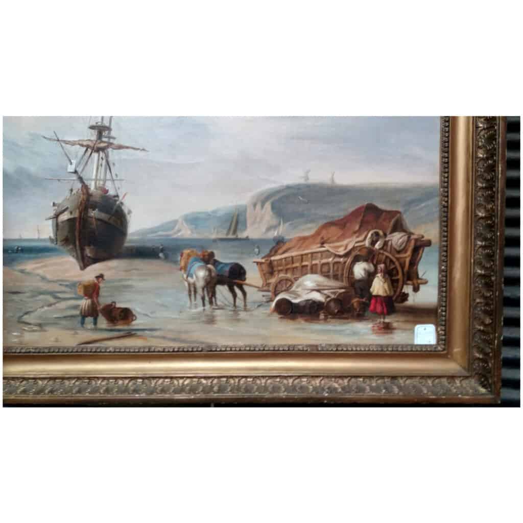 Oil on canvas: MARINE “unloading on the Picardy coast”, with its original frame. XIXth century 5