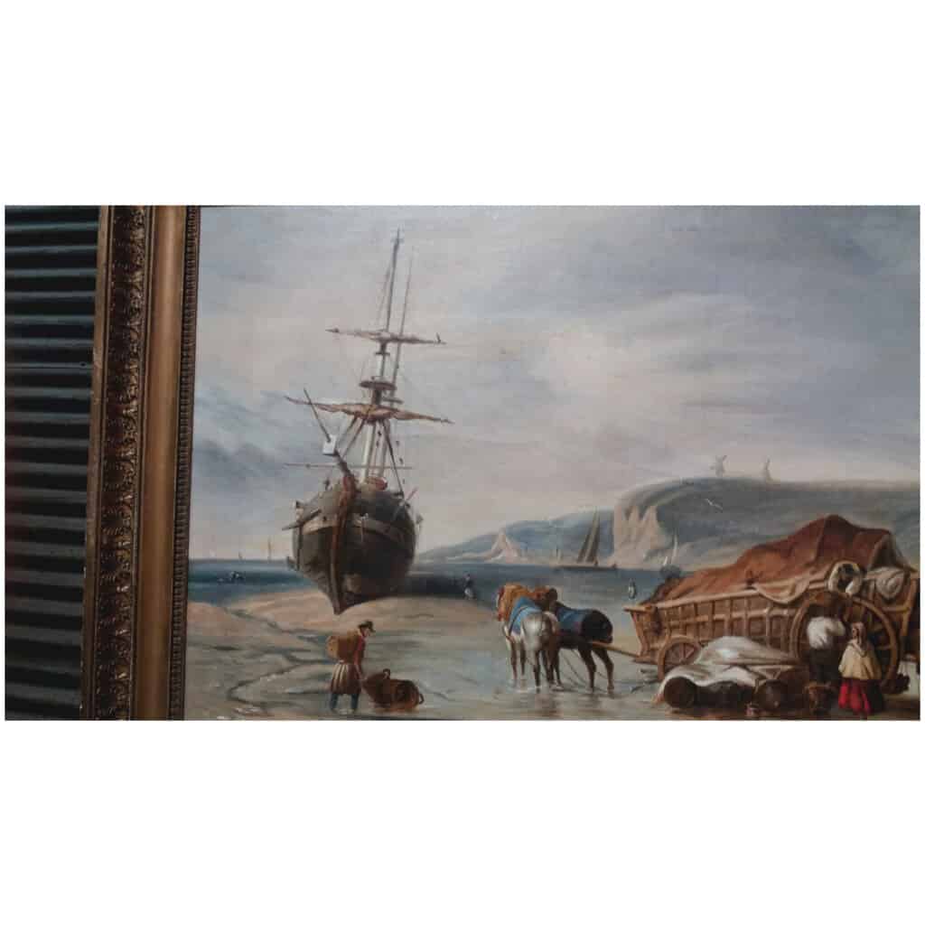 Huile sur toile : MARINE  » déchargement sur la côte picarde « , XIXème siècle 4
