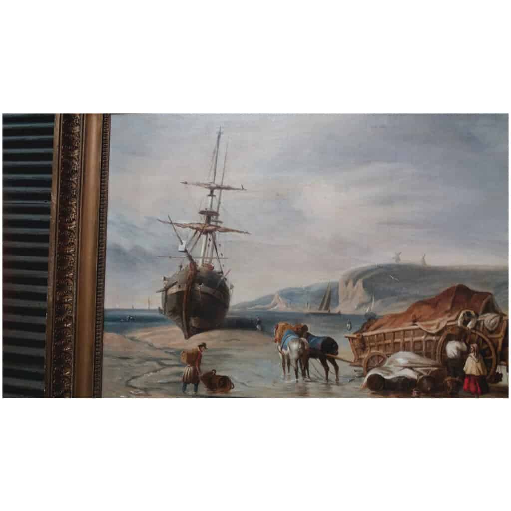 Oil on canvas: MARINE “unloading on the Picardy coast”, with its original frame. XIXth century 4