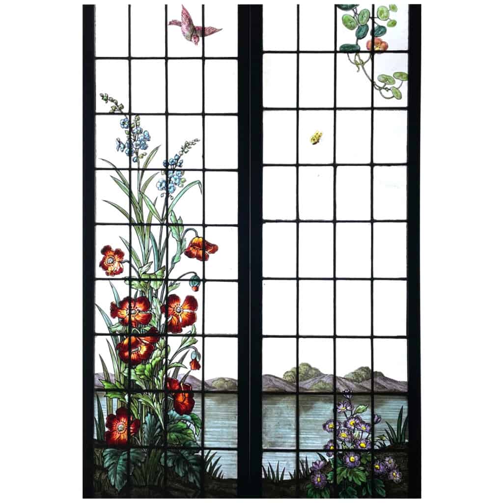 Pair of stained glass windows with nasturtiums signed Champigneulle 9