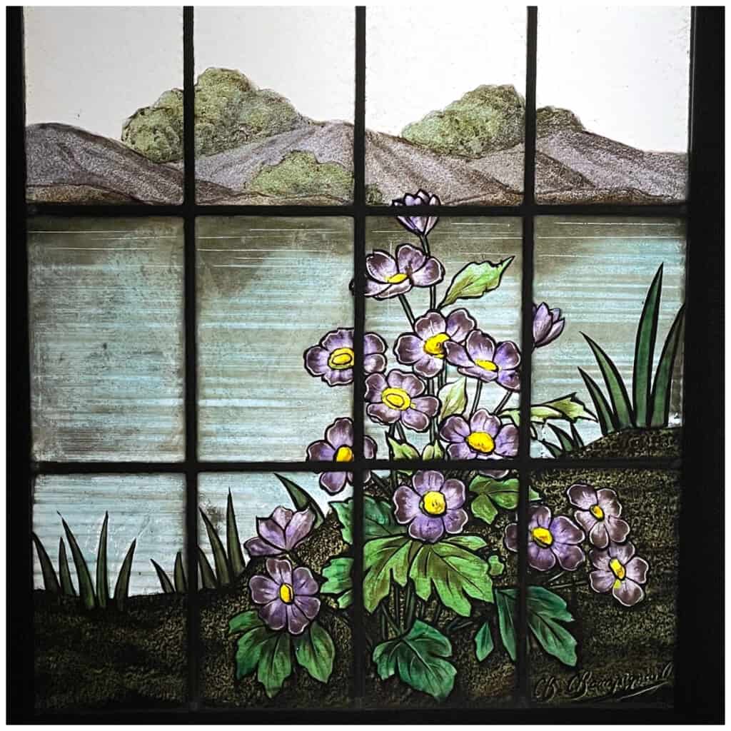 Pair of stained glass windows with nasturtiums signed Champigneulle 8