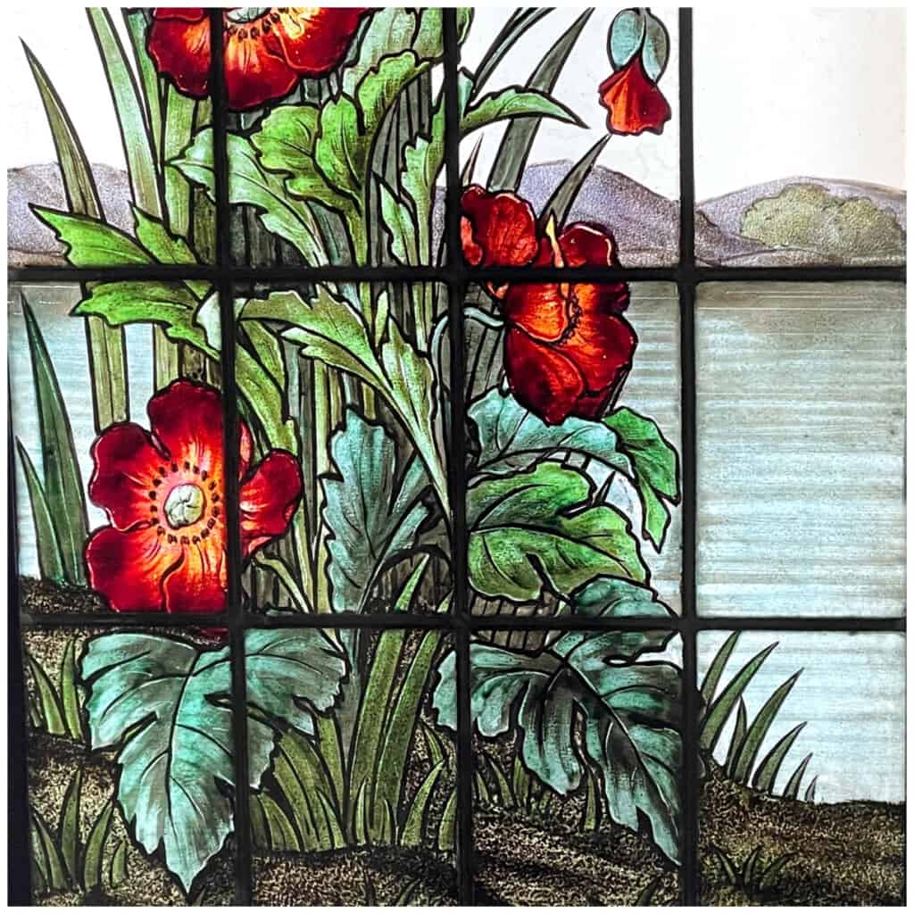 Pair of stained glass windows with nasturtiums signed Champigneulle 7