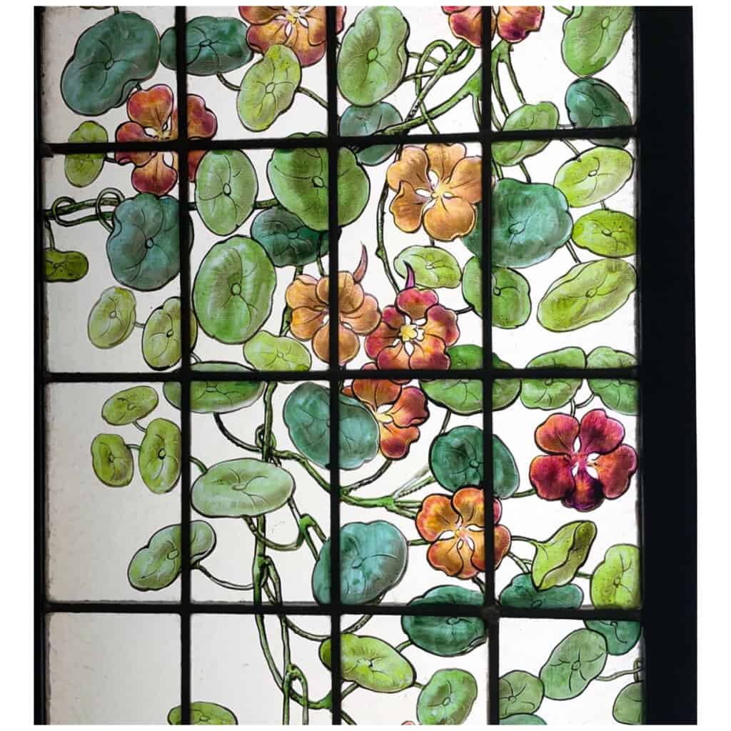 Pair of stained glass windows with nasturtiums signed Champigneulle 4