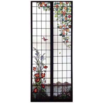Pair of stained glass windows with nasturtiums signed Champigneulle