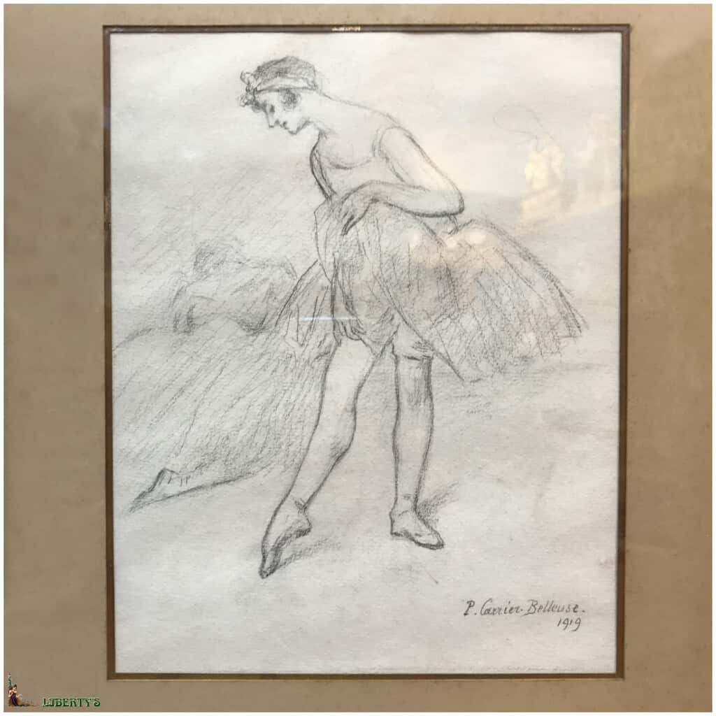 Dessin encadré avec danseuse signé Pierre Carrier-Belleuse, 18 cm x 23 cm (1919) 3