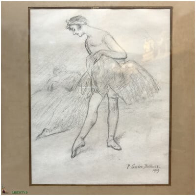 Framed drawing with dancer signed Pierre Carrier-Belleuse, 18 cm x 23 cm (1919)