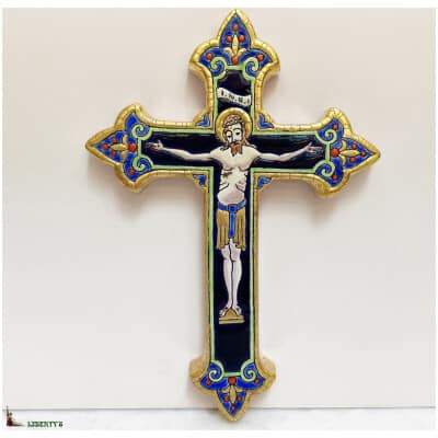 Crucifix Emaux de Longwy décor de M.P. Chevallier, 16 cm x 23 cm (Mi XXe)