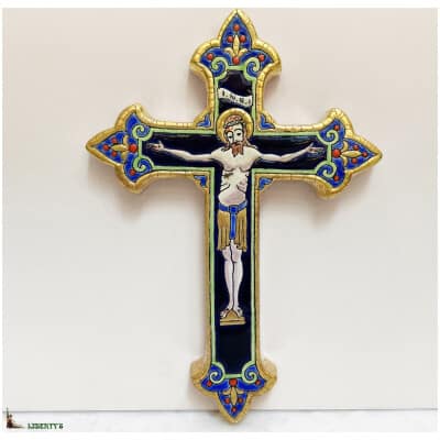 Crucifix Emaux de Longwy decor by MP Chevallier, 16 cm x 23 cm (Mid XXth)