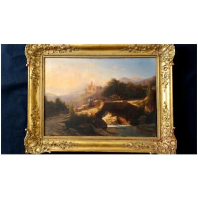 Italianate landscape, H/T from the 19th century with beautiful framing, in perfect condition