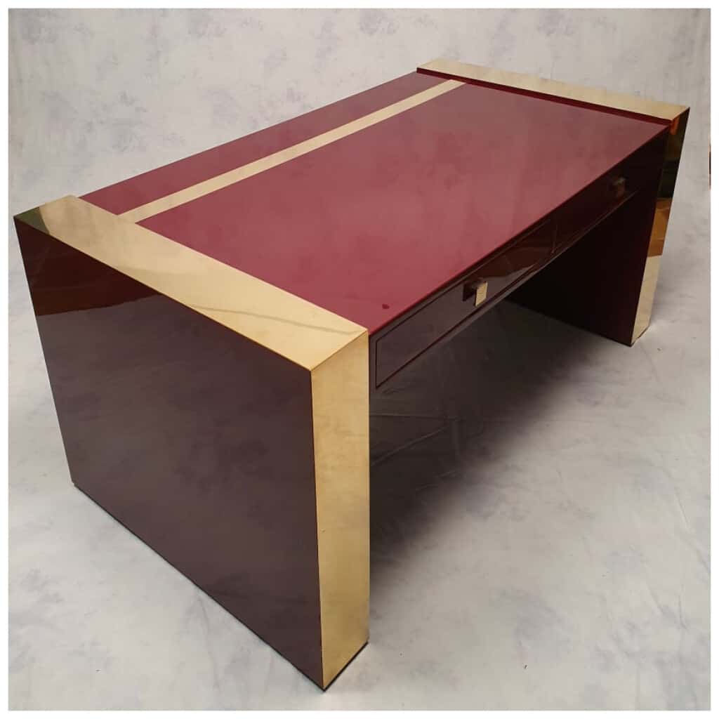 Executive Desk By Jean Claude Mahey - Lacquered Wood & Brass - Ca 1970 8