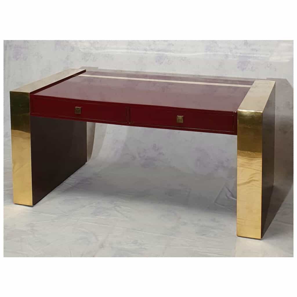 Executive Desk By Jean Claude Mahey - Lacquered Wood & Brass - Ca 1970 4