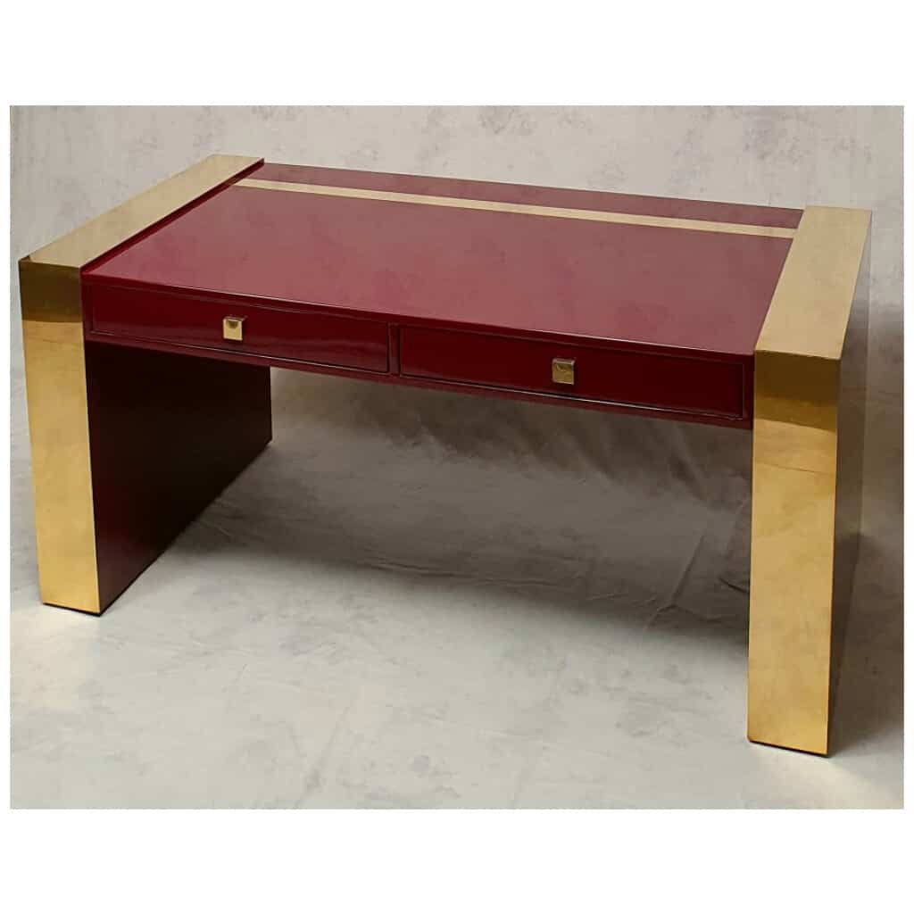 Executive Desk By Jean Claude Mahey - Lacquered Wood & Brass - Ca 1970 3