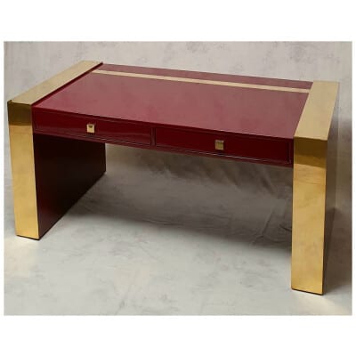Executive Desk By Jean Claude Mahey – Lacquered Wood & Brass – Ca 1970