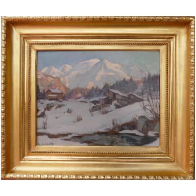 ABRATE Angelo XNUMXth Century Painting Sun on Mont Blanc Oil signed