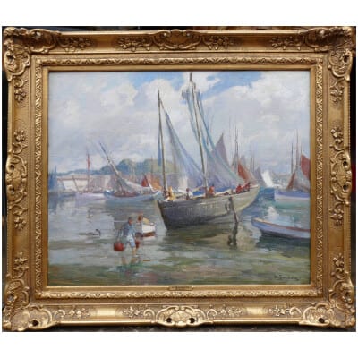 BARNOIN Henri painting 20th century Brittany port of Concarneau Oil painting on canvas signed
