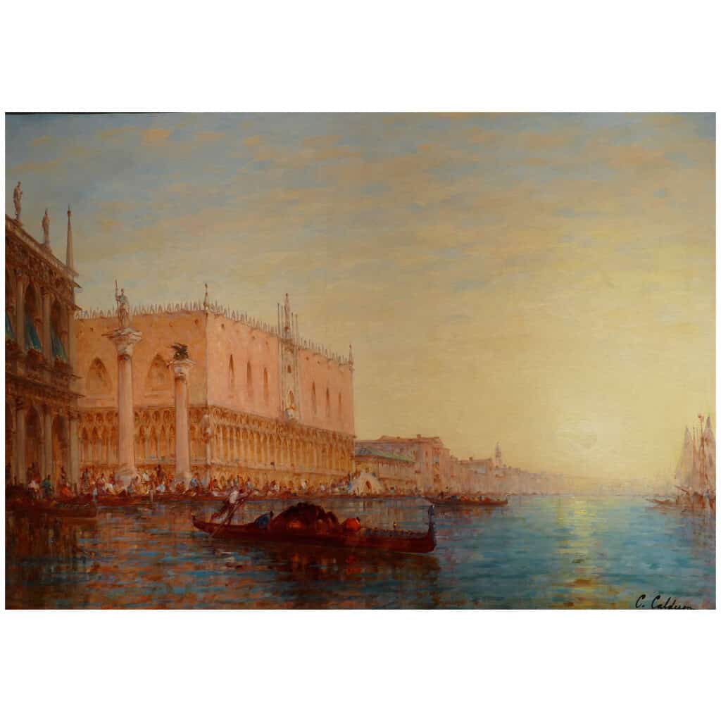 CALDERON Charles Clément Peinture Venise Le Bassin De Saint Marc Ensoleillé Huile sur Toile Signée 5