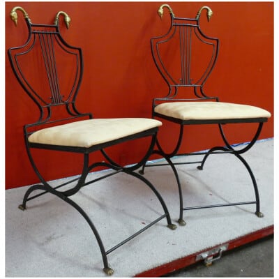 Pair of Art Deco chairs in bronze lyre back